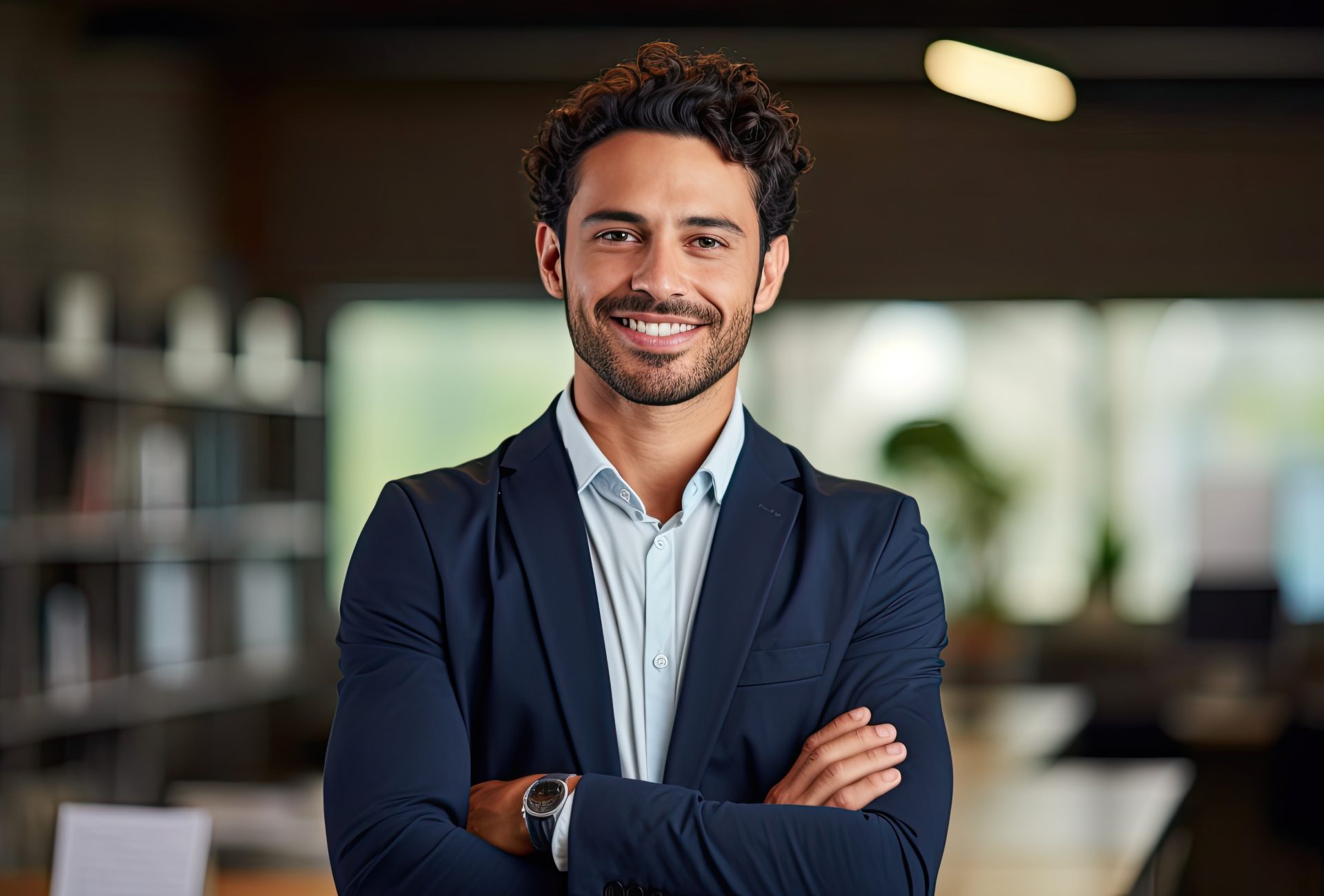 Smiling confident young businessman looking at camera standing in office. Elegant stylish corporate leader successful ceo executive manager.